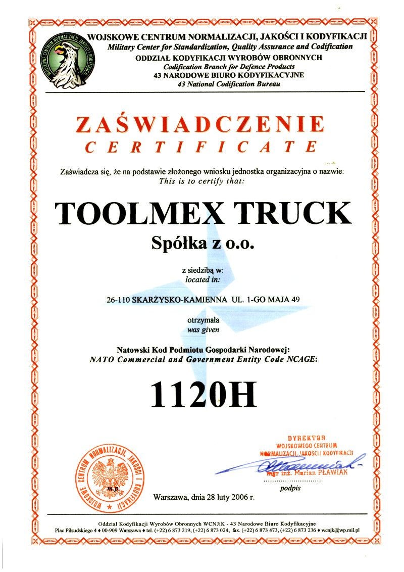 Zaświadczenie dla Toolmex Truck w sprawie UDT dla wojsk NATO